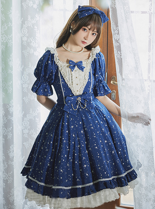 Classic Lolita Retro Solid Color Star Shape Embellishment Design Pleated Neckline Bow Knot Decoration Short Sleeve Dress