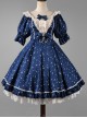 Classic Lolita Retro Solid Color Star Shape Embellishment Design Pleated Neckline Bow Knot Decoration Short Sleeve Dress