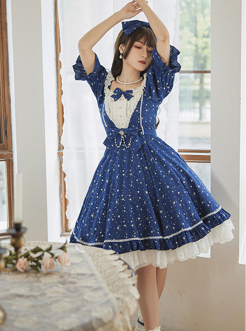 Classic Lolita Retro Solid Color Star Shape Embellishment Design Pleated Neckline Bow Knot Decoration Short Sleeve Dress