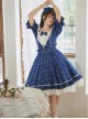 Classic Lolita Retro Solid Color Star Shape Embellishment Design Pleated Neckline Bow Knot Decoration Short Sleeve Dress