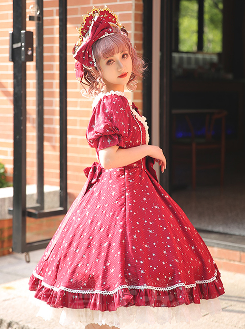 Classic Lolita Retro Solid Color Star Shape Embellishment Design Pleated Neckline Bow Knot Decoration Short Sleeve Dress