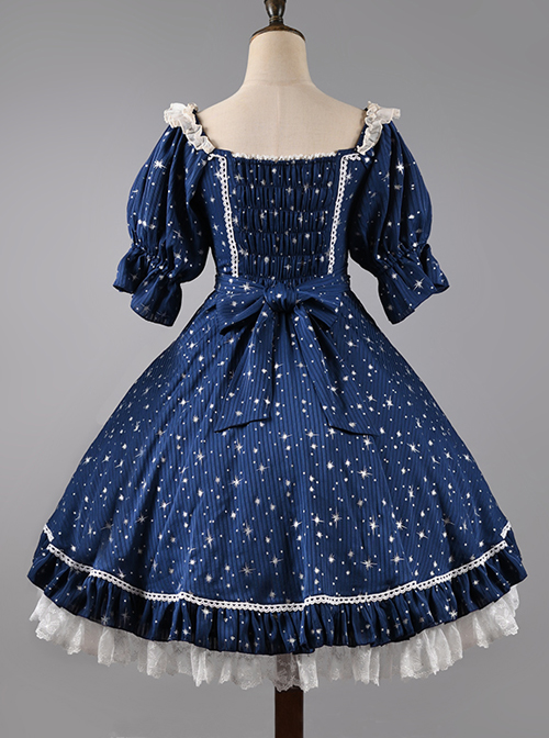 Classic Lolita Retro Solid Color Star Shape Embellishment Design Pleated Neckline Bow Knot Decoration Short Sleeve Dress