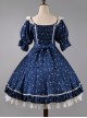 Classic Lolita Retro Solid Color Star Shape Embellishment Design Pleated Neckline Bow Knot Decoration Short Sleeve Dress