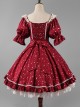 Classic Lolita Retro Solid Color Star Shape Embellishment Design Pleated Neckline Bow Knot Decoration Short Sleeve Dress