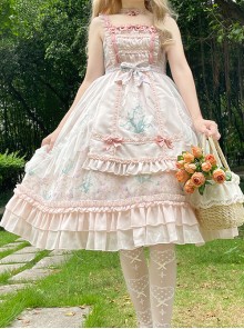 Classic Lolita Lily Of The Valley Flower Print Decoration Ruched Ruffled Hem Lace Bow Knot Slip Dress