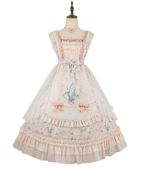 Classic Lolita Lily Of The Valley Flower Print Decoration Ruched Ruffled Hem Lace Bow Knot Slip Dress