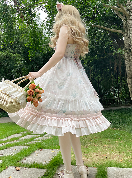 Classic Lolita Lily Of The Valley Flower Print Decoration Ruched Ruffled Hem Lace Bow Knot Slip Dress