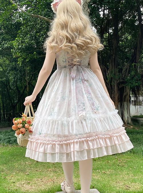 Classic Lolita Lily Of The Valley Flower Print Decoration Ruched Ruffled Hem Lace Bow Knot Slip Dress