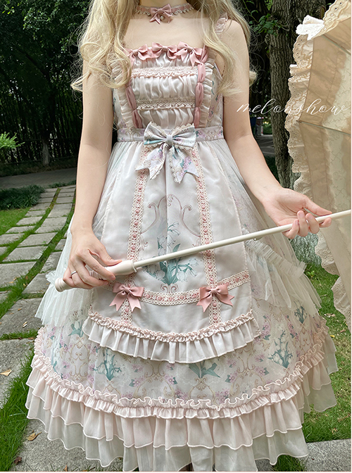 Classic Lolita Lily Of The Valley Flower Print Decoration Ruched Ruffled Hem Lace Bow Knot Slip Dress