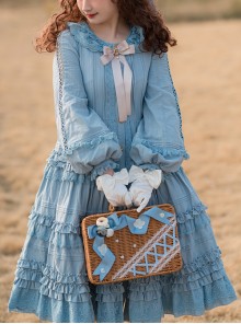 Retro Style Blue Layered Pleated Hem Design Elegant Bow Knots Decoration Long Sleeves Classic Lolita Dress