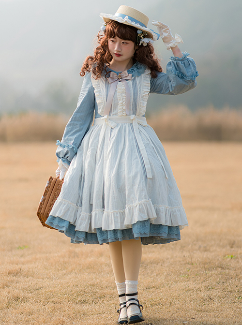 Retro Style Blue Layered Pleated Hem Design Elegant Bow Knots Decoration Long Sleeves Classic Lolita Dress