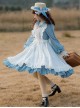 Retro Style Blue Layered Pleated Hem Design Elegant Bow Knots Decoration Long Sleeves Classic Lolita Dress