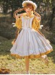 Retro Style Blue Layered Pleated Hem Design Elegant Bow Knots Decoration Long Sleeves Classic Lolita Dress