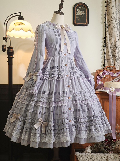 Retro Style Blue Layered Pleated Hem Design Elegant Bow Knots Decoration Long Sleeves Classic Lolita Dress