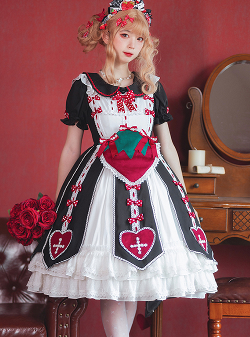 Sweet Strawberry Shaped Waist Decoration Polka Dot Bow Knots Split Hem Classic Lolita Short Sleeve Dress