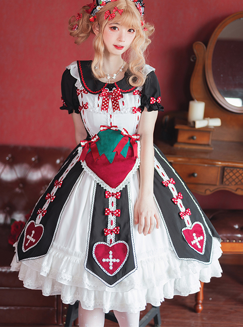 Sweet Strawberry Shaped Waist Decoration Polka Dot Bow Knots Split Hem Classic Lolita Short Sleeve Dress