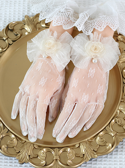 Elegant Retro Lace Bow Knot Three-Dimensional Flowers Pearl Jacquard Decoration Classic Lolita Gloves