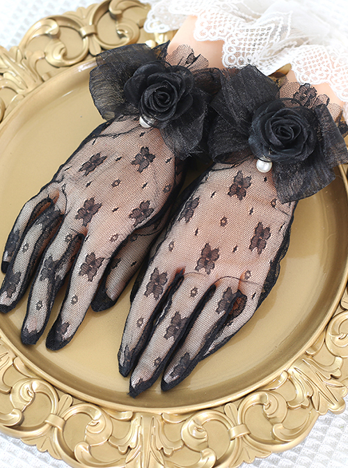 Elegant Retro Lace Bow Knot Three-Dimensional Flowers Pearl Jacquard Decoration Classic Lolita Gloves