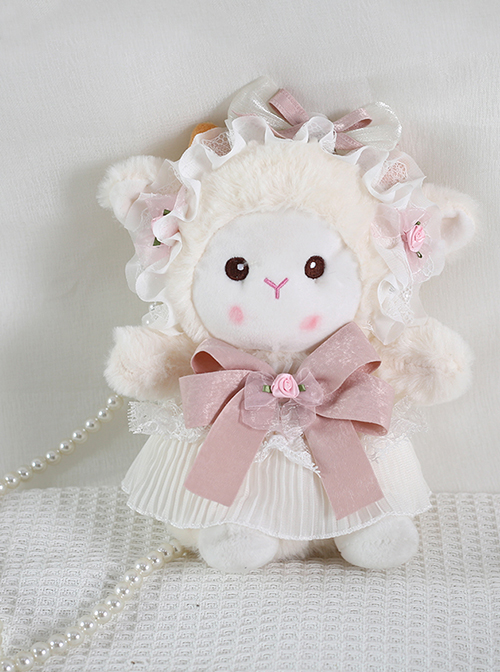 Cute Sheep Plush Doll Pleated Lace Trim Bow Knot Classic Lolita Pearl Chain Tote Bag  