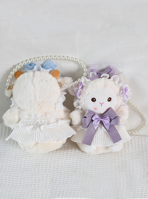 Cute Sheep Plush Doll Pleated Lace Trim Bow Knot Classic Lolita Pearl Chain Tote Bag  