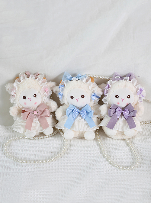 Cute Sheep Plush Doll Pleated Lace Trim Bow Knot Classic Lolita Pearl Chain Tote Bag  