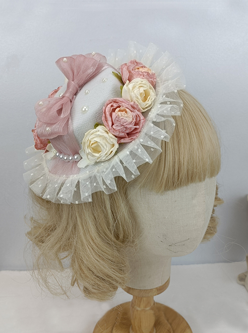 Sweet And Cute Pleated Lace Three-Dimensional Flower Decoration Bow Knot Pearl Classic Lolita Hat