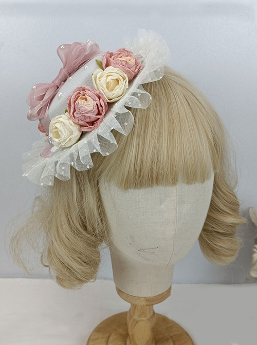 Sweet And Cute Pleated Lace Three-Dimensional Flower Decoration Bow Knot Pearl Classic Lolita Hat