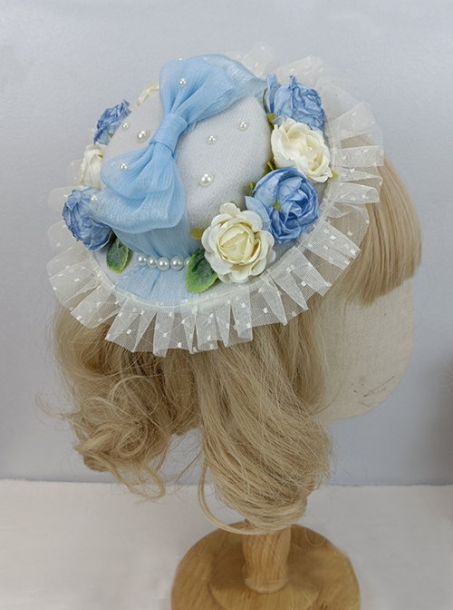 Sweet And Cute Pleated Lace Three-Dimensional Flower Decoration Bow Knot Pearl Classic Lolita Hat