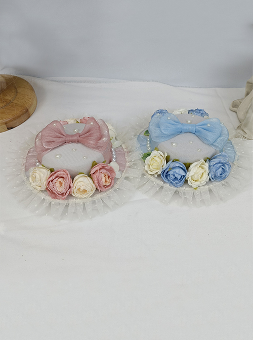 Sweet And Cute Pleated Lace Three-Dimensional Flower Decoration Bow Knot Pearl Classic Lolita Hat
