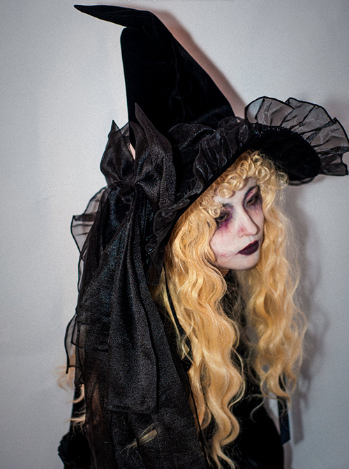 Classic Lolita Big Bow Knot Irregular Multilayer Fourdrinier Yarn Pointy Halloween Witch Hat