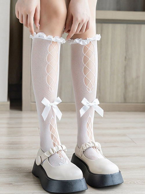 Japanese Style Stretch Hollow Mesh Design Pleated Ruffle Bow Knot Classic Lolita Mid Tube Socks