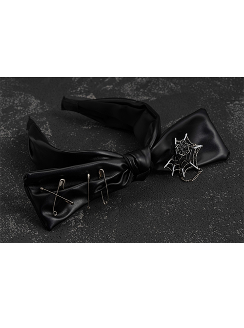 Dark Punk Style Leather Bow Knot Metal Spider Web Large Pin Decoration Punk Lolita Headband