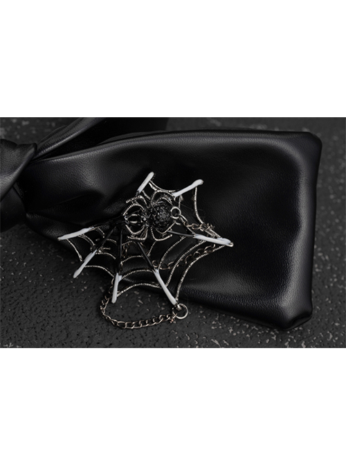 Dark Punk Style Leather Bow Knot Metal Spider Web Large Pin Decoration Punk Lolita Headband