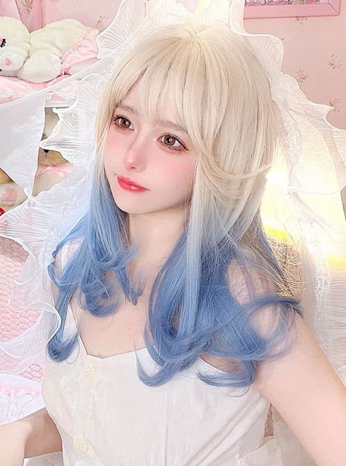 Japanese Style Beige Gradient Blue Cute Air Bangs Decoration Classic Lolita Long Curly Hair