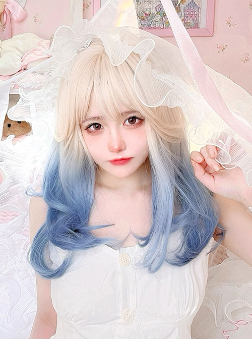 Japanese Style Beige Gradient Blue Cute Air Bangs Decoration Classic Lolita Long Curly Hair