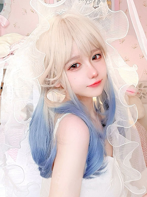 Japanese Style Beige Gradient Blue Cute Air Bangs Decoration Classic Lolita Long Curly Hair