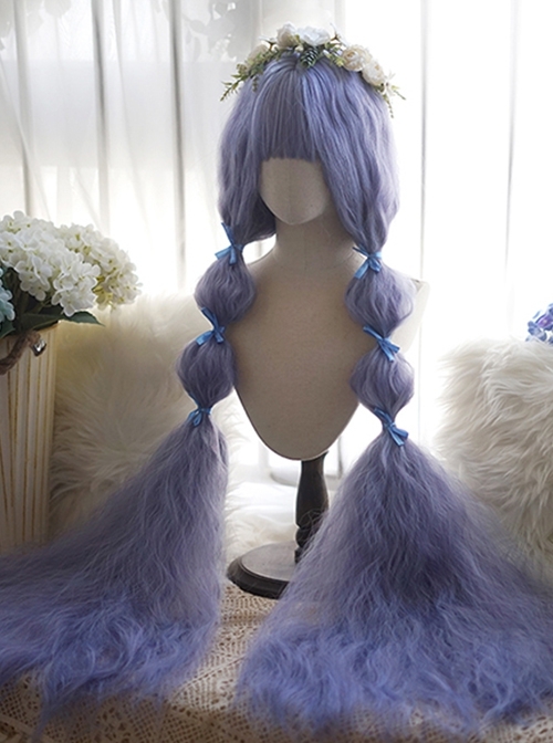 Blue Purple Extra Long Stylish Little Curly Design Air Bangs Classic Lolita Princess Long Wig