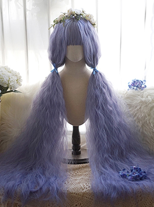 Blue Purple Extra Long Stylish Little Curly Design Air Bangs Classic Lolita Princess Long Wig