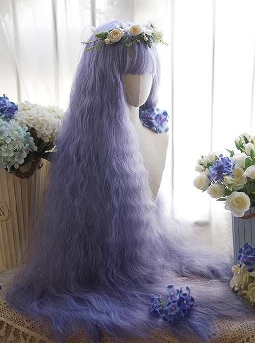 Blue Purple Extra Long Stylish Little Curly Design Air Bangs Classic Lolita Princess Long Wig