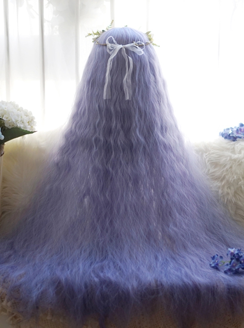 Blue Purple Extra Long Stylish Little Curly Design Air Bangs Classic Lolita Princess Long Wig