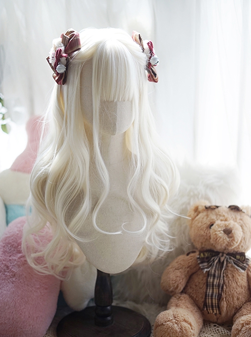 Elegant Creamy White Big Wavy Roll Design Air Bangs Decoration Classic Lolita Princess Long Wigs