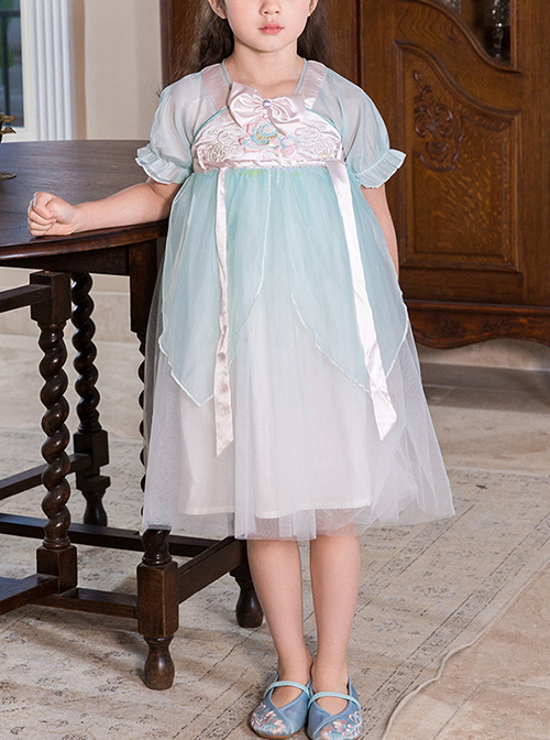 Chinese Style Green Lace Yarn Layered Pleated Bow Knots Decoration Kids Hanfu Short Sleeve Dress