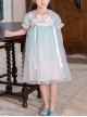 Chinese Style Green Lace Yarn Layered Pleated Bow Knots Decoration Kids Hanfu Short Sleeve Dress