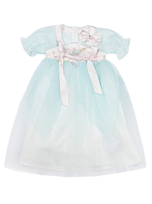 Chinese Style Green Lace Yarn Layered Pleated Bow Knots Decoration Kids Hanfu Short Sleeve Dress