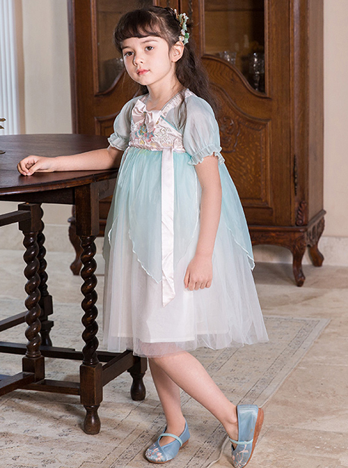 Chinese Style Green Lace Yarn Layered Pleated Bow Knots Decoration Kids Hanfu Short Sleeve Dress