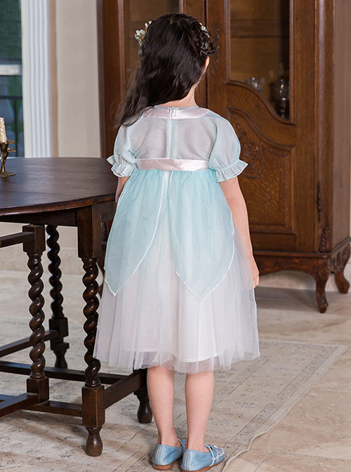 Chinese Style Green Lace Yarn Layered Pleated Bow Knots Decoration Kids Hanfu Short Sleeve Dress