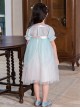 Chinese Style Green Lace Yarn Layered Pleated Bow Knots Decoration Kids Hanfu Short Sleeve Dress