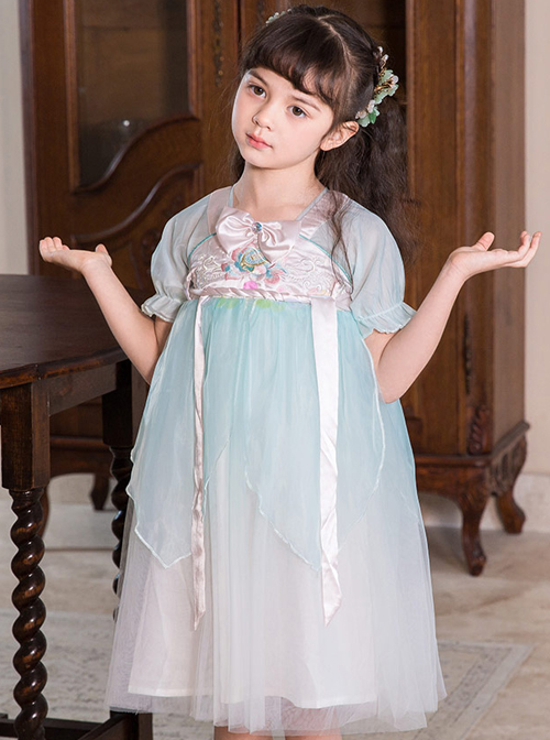 Chinese Style Green Lace Yarn Layered Pleated Bow Knots Decoration Kids Hanfu Short Sleeve Dress