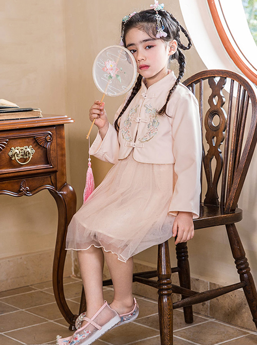 Exquisitely Embroidered Hanfu Chinese Style Vintage Buckle Design Mesh Sleeveless Kids Dress Set