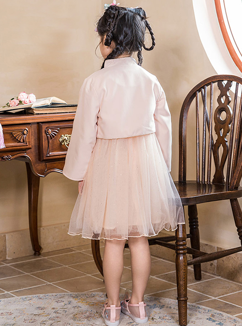 Exquisitely Embroidered Hanfu Chinese Style Vintage Buckle Design Mesh Sleeveless Kids Dress Set